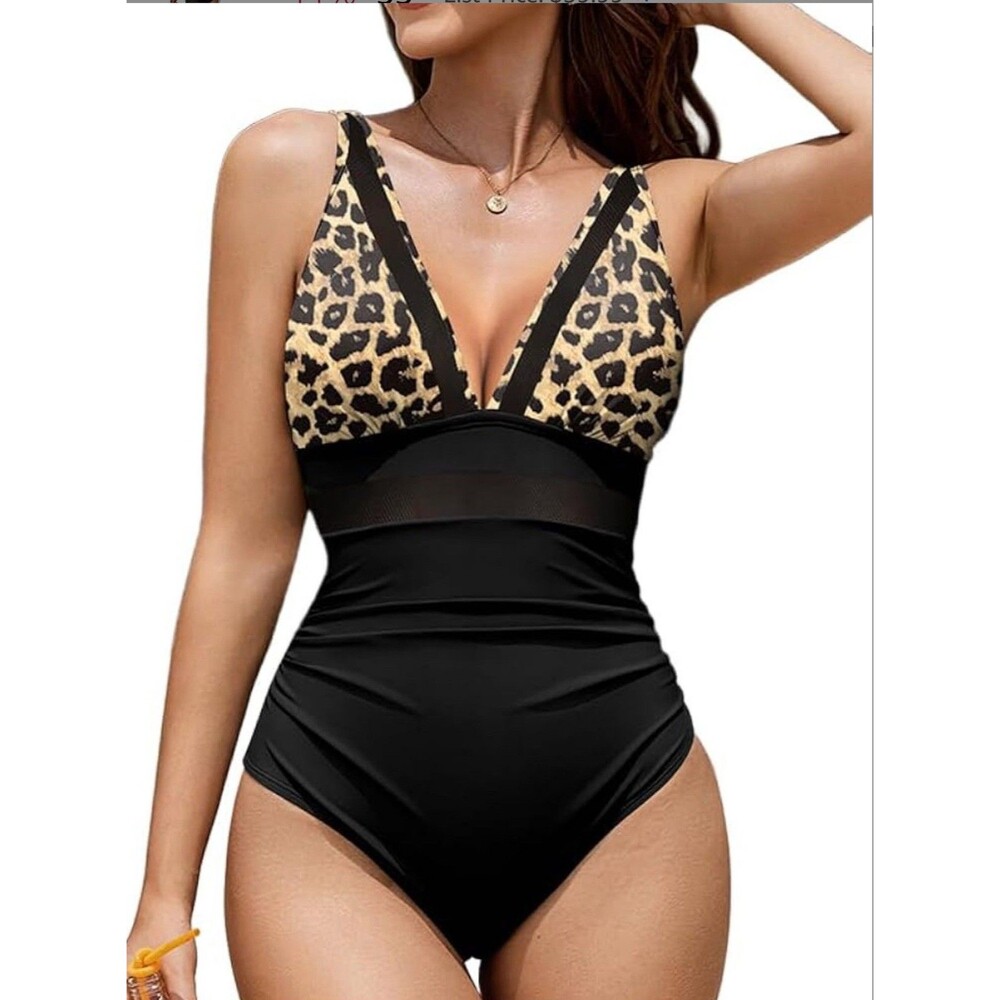 AI'MAGE Swimsuit One Piece V- Neck Tummy Control black leopard size XL animal